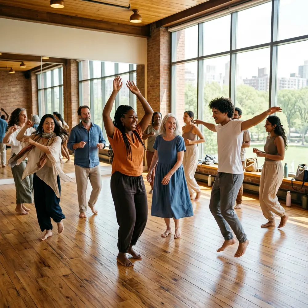 Grupo de personas bailando en un estudio con luz natural, referencia al contenido de baile y kpop en Instagram Peru